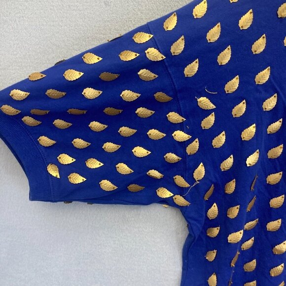 READ! Vintage Gene Ewing Bis Bis Gold Leaf Embellished Blue Knit Tee Top Small - Picture 11 of 16